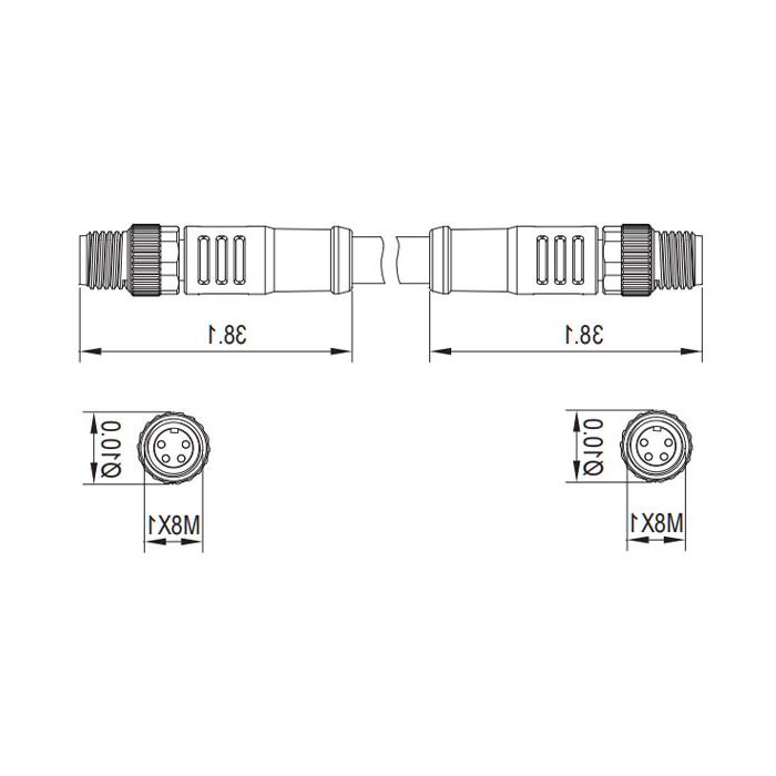 M8 4-PIN straight male turn straight male, double end precast PUR flexible cable, with shielding, green sheath, 0C3001-XXX