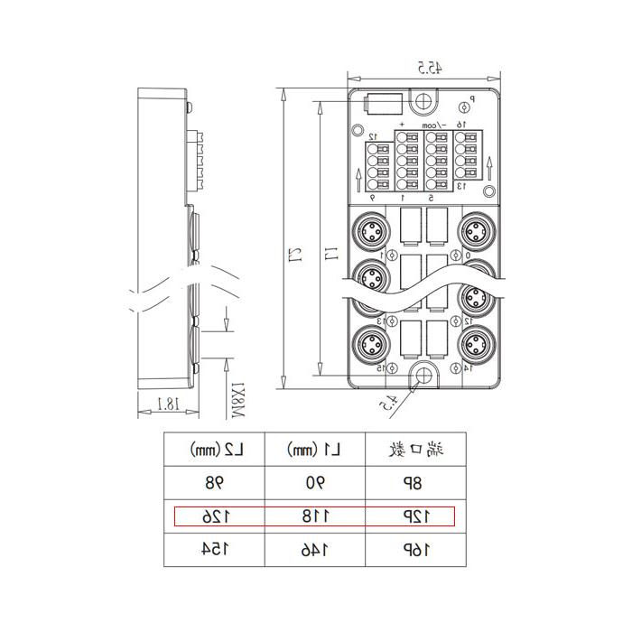 M8接线盒，单通道，PNP型， 16端口，分体式，带LED，带顶盖和电缆，23PT12